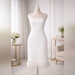 NWT Minimalist Camilyn Beth Strapless White Dress with Feather Trim | Size 8